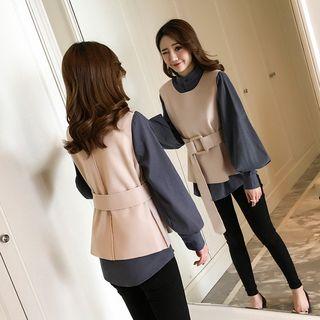 Set: Puff-sleeve Shirt + Belted Vest