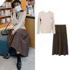 Cable Knit Sweater / Plaid Pleated Midi A-line Skirt