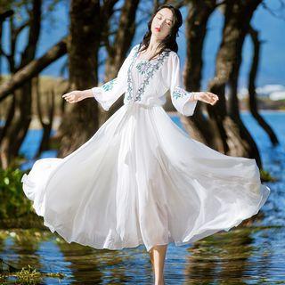 Set: Embroidered Chiffon Jacket + Sleeveless A-line Midi Dress