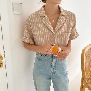 Elbow-sleeve Striped Shirt Stripe - Multicolor - One Size