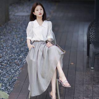 Set: Short Sleeve Plain Shirt + High Waist Pleated Midi A-line Skirt