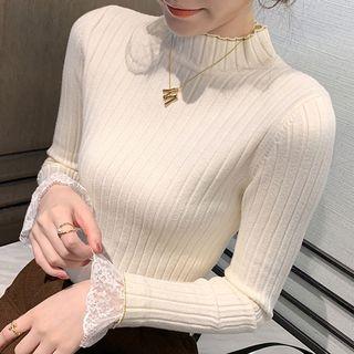 Lace Trim Mock-turtleneck Rib Knit Top