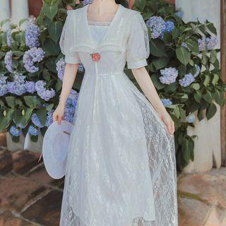 Short-sleeve Sailor Collar Lace Overlay Midi A-line Dress