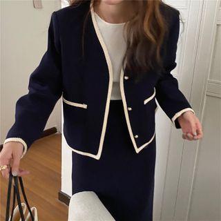 Contrast Trim Single-breasted Jacket / Midi Straight-fit Skirt