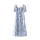 Puff-sleeve Lace Trim Floral Print Midi A-line Dress