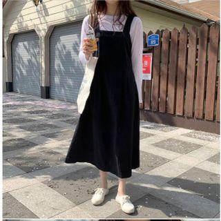 Plain Long-sleeve T-shirt / Midi A-line Pinafore Dress