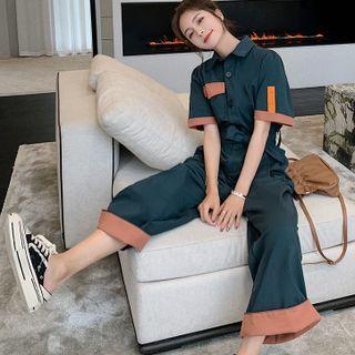 Short Sleeve Contrast Trim Wide-leg Jumpsuit