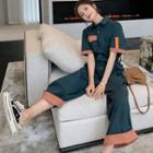 Short Sleeve Contrast Trim Wide-leg Jumpsuit