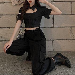 Short-sleeve Blouse / Straight Leg Pants