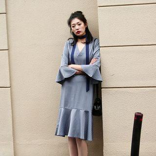 3/4-sleeve Striped Ruffle-hem Dress