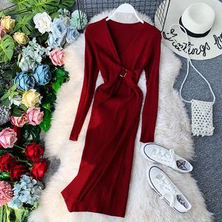 Long-sleeve Buckled Sheath Knit Dress