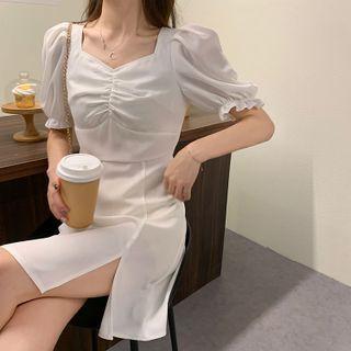 Puff-sleeve V-neck Slit A-line Dress