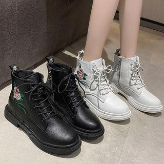 Flower Embroidered Lace-up Faux-leather Short Boots