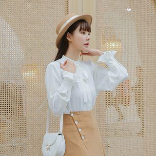 Long-sleeve Ribbon-neck Chiffon Blouse