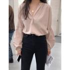 Open-placket Puff-sleeve Blouse One Size