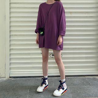 Plain Oversize Long-sleeve T-shirt Purple - One Size