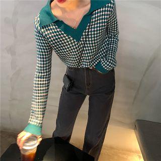 Check V-neck Long-sleeve Slim-fit Sweater As Figure - One Size