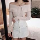 Long-sleeve Wide Collar Knit Top / Buttoned Mini Skirt
