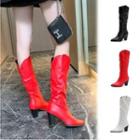 Shirred Block Heel Faux Leather Tall Boots