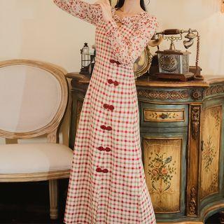 :long-sleeve Paneled Plaid Midi A-line Dress