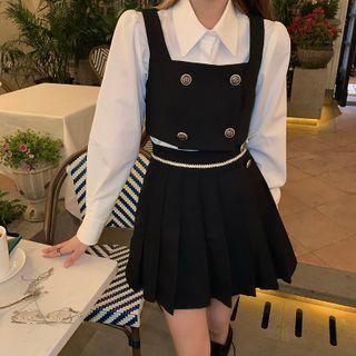 Plain Shirt / Double Breasted Cropped Vest / Pleated Mini Skirt