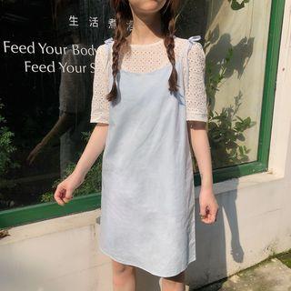 Embroidered Short-sleeve Top / Strappy A-line Dress