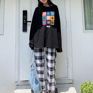 Long-sleeve Smiley Face Printed T-shirt / High-waist Plaid Pants