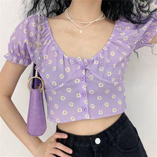 V Neckline Floral Puff-sleeve Top