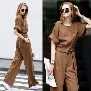 Short-sleeve Wide Leg Jumpsuit With Belt