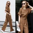 Short-sleeve Wide Leg Jumpsuit With Belt