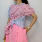 Short-sleeve Color Block Plaid Top