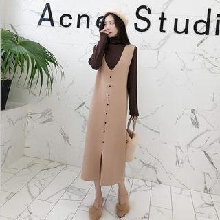 Set: Turtleneck Knitted Top + V-neck Button Pinafore Dress