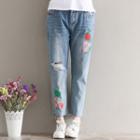 Floral Embroidery Ripped Straight-fit Jeans