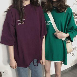 Elbow-sleeve Lettering Oversized Ripped Top