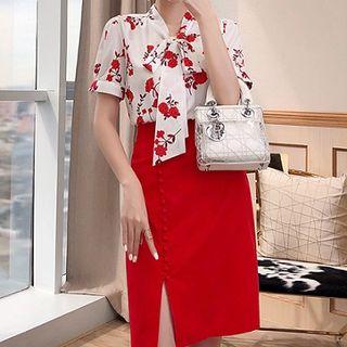 Set: Flower Print Short-sleeve Blouse + Side Slit Pencil Skirt