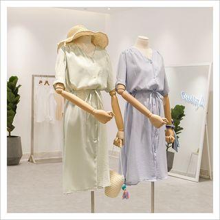 Plain V-neck Elbow Sleeve Midi Chiffon Dress