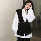 Bubble-sleeve Lettering Loose Shirt / Open-front Loose Vest With Belt