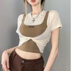 Mock Two-piece Short-sleeve Shirred Crop T-shirt