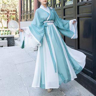 Bell-sleeve Two-tone Maxi A-line Hanfu Dress