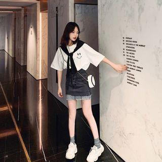 Striped Panel Mini Denim Skirt