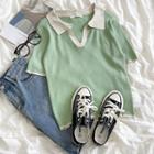 Short-sleeve Color Block Polo Collar Knit Top Green - One Size