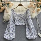 Lantern-sleeve Square-neck Floral Cropped Top
