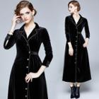 Long-sleeve Button-front Velvet Dress