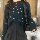 Heart Embroidered Long-sleeve Knit Top / Pocket Detail A-line Skirt