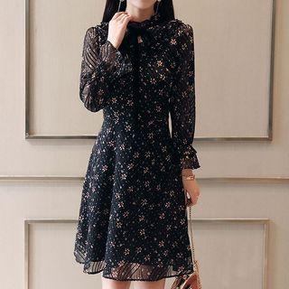 Flower Print Long-sleeve Chiffon A-line Dress