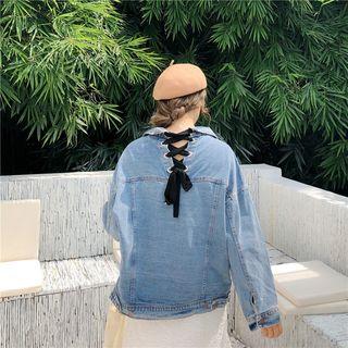 Lace-up Long-sleeve Loose-fit Denim Shirt As Figure - One Size