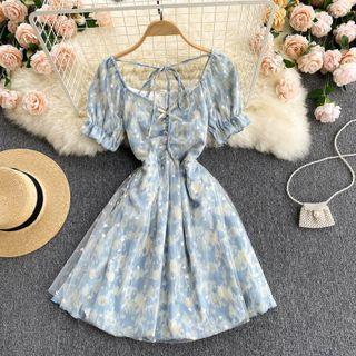 Print Lace-up Strap Mesh Dress