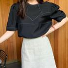 Puff Sleeve Crew Neck Stitched Blouse Black - One Size