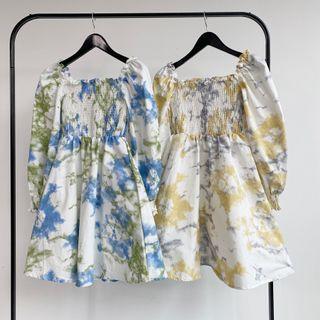 Long-sleeve Off-shoulder Shirred Tie-dye Mini A-line Dress