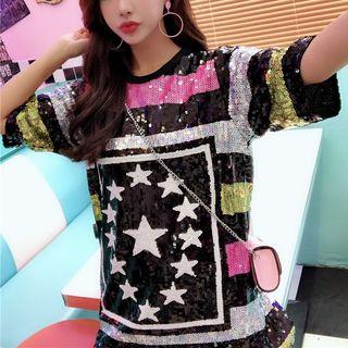 Elbow-sleeve Star Sequined T-shirt As Shown In Figure - One Size